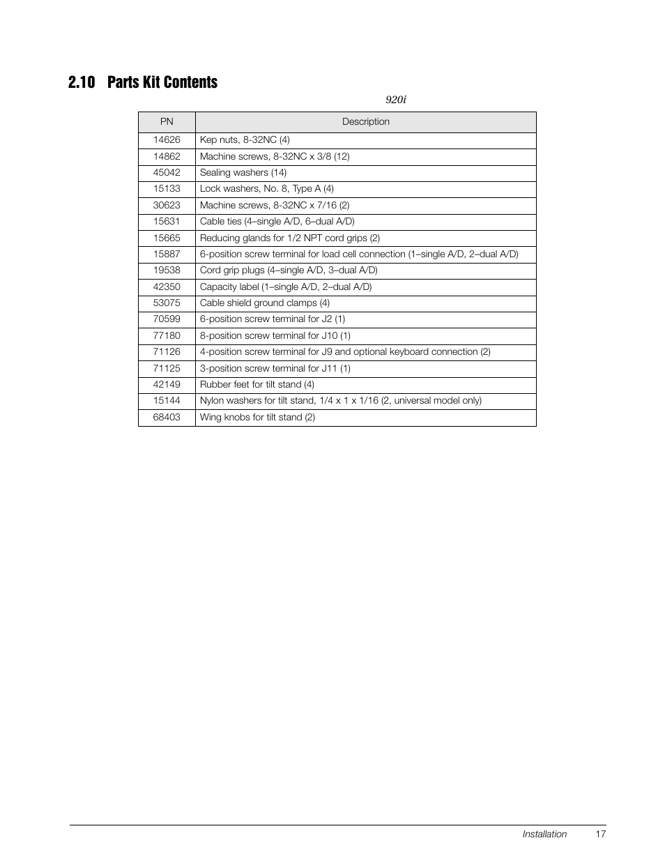 10 parts kit contents | Rice Lake 920i Installation Manual V4.01 User Manual | Page 23 / 136