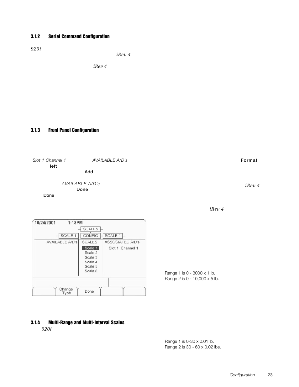 2 serial command configuration, 3 front panel configuration, 4 multi-range and multi-interval scales | Serial command configuration, Front panel configuration, Multi-range and multi-interval scales, Section 3.1.3 | Rice Lake 920i Installation Manual V4.01 User Manual | Page 29 / 136