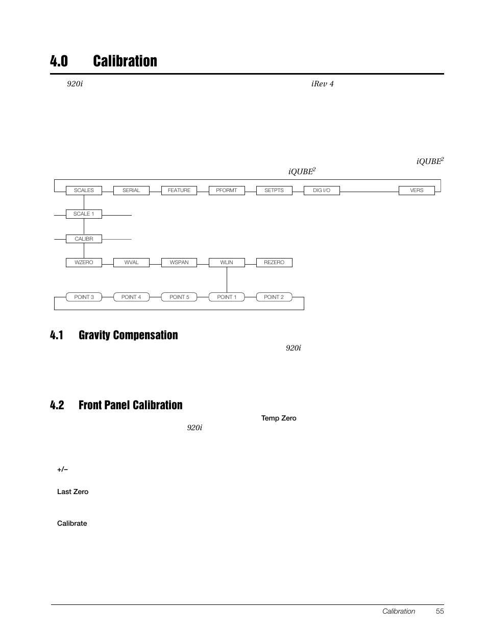 0 calibration, 1 gravity compensation, 2 front panel calibration | Calibration | Rice Lake 920i Installation Manual V4.01 User Manual | Page 61 / 136