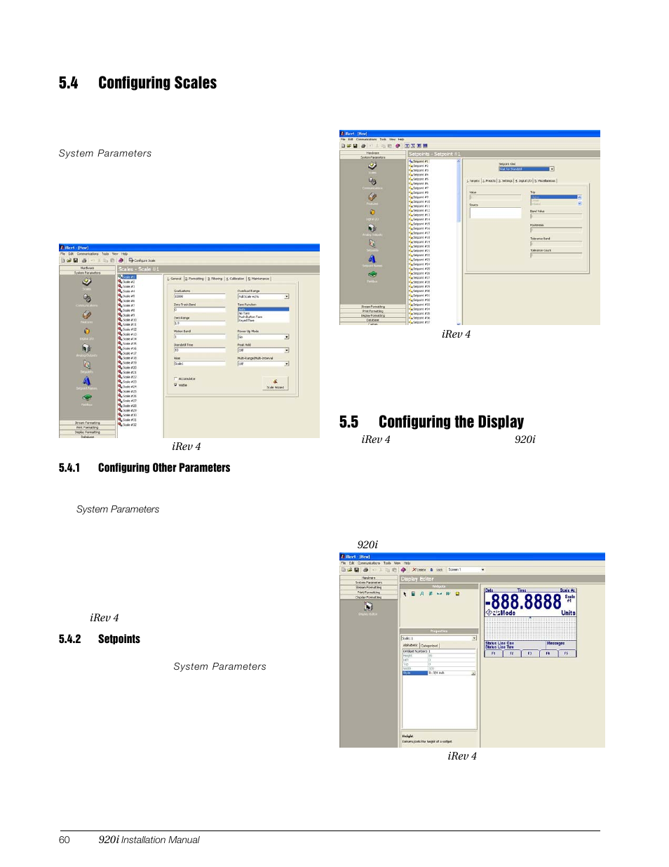 4 configuring scales, 1 configuring other parameters, 2 setpoints | 5 configuring the display, Configuring other parameters, Setpoints | Rice Lake 920i Installation Manual V4.01 User Manual | Page 66 / 136