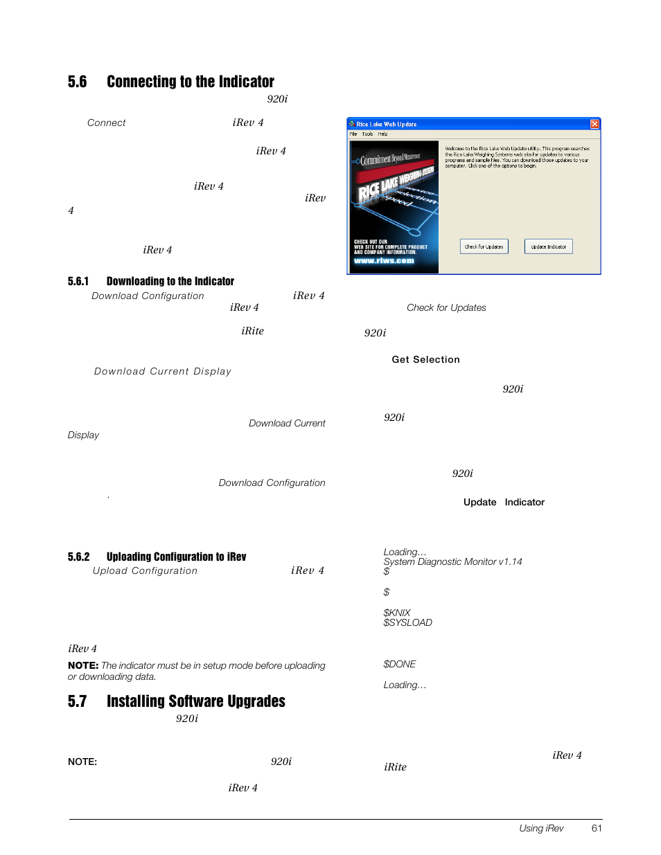 6 connecting to the indicator, 1 downloading to the indicator, 2 uploading configuration to irev | 7 installing software upgrades, Downloading to the indicator, Uploading configuration to irev | Rice Lake 920i Installation Manual V4.01 User Manual | Page 67 / 136