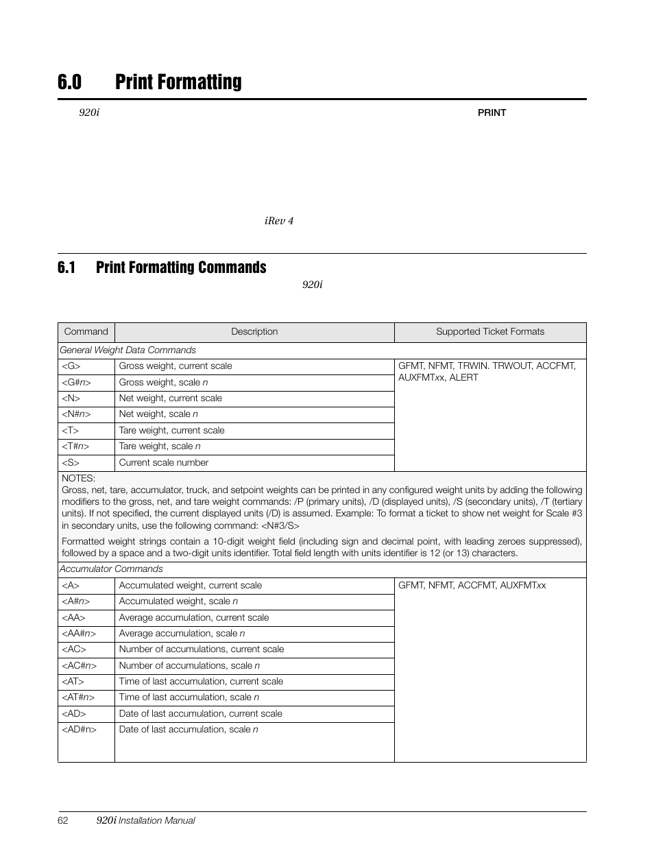 0 print formatting, 1 print formatting commands, Print formatting | Rice Lake 920i Installation Manual V4.01 User Manual | Page 68 / 136