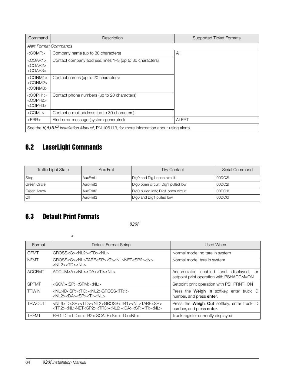 2 laserlight commands, 3 default print formats, 2 laserlight commands 6.3 default print formats | Rice Lake 920i Installation Manual V4.01 User Manual | Page 70 / 136