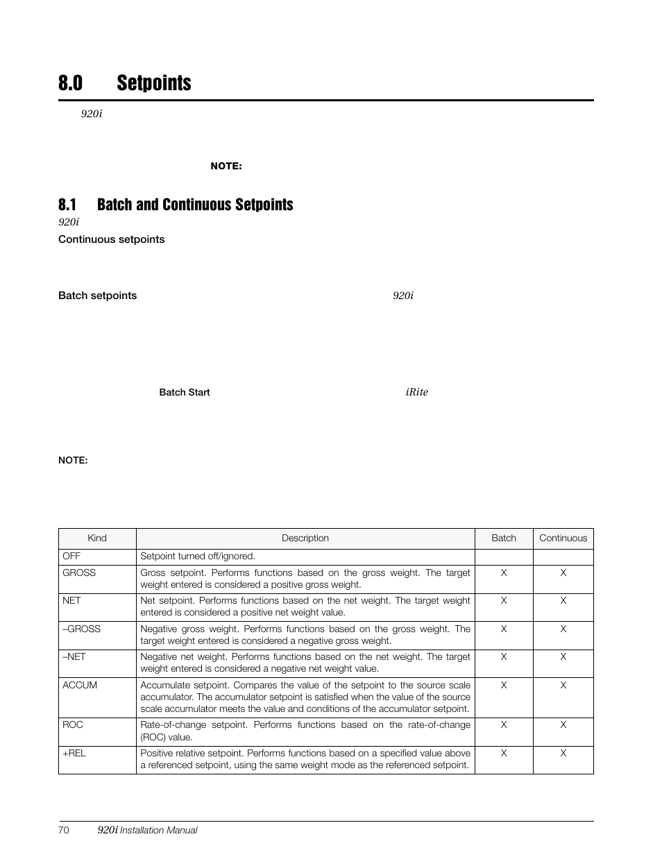 0 setpoints, 1 batch and continuous setpoints, Setpoints | Rice Lake 920i Installation Manual V4.01 User Manual | Page 76 / 136