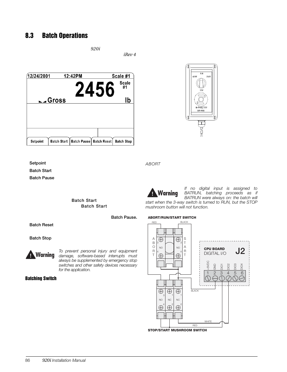 3 batch operations, Warning, Display or change assigned setpoints | Starts batch process, Is pressed again. pressing | Rice Lake 920i Installation Manual V4.01 User Manual | Page 92 / 136