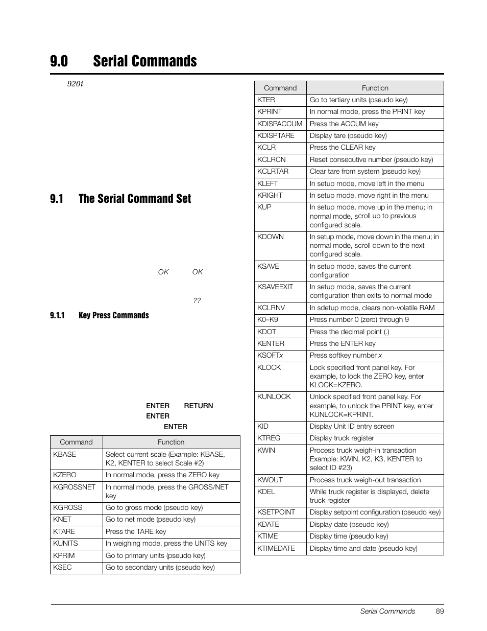 0 serial commands, 1 the serial command set, 1 key press commands | Serial commands, Key press commands, Section 9.0 | Rice Lake 920i Installation Manual V4.01 User Manual | Page 95 / 136