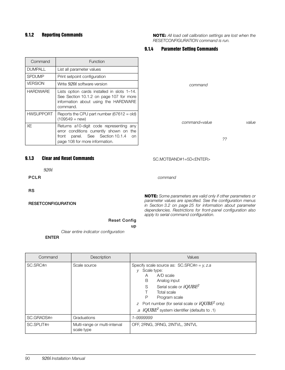 2 reporting commands, 3 clear and reset commands, 4 parameter setting commands | Reporting commands, Clear and reset commands, Parameter setting commands | Rice Lake 920i Installation Manual V4.01 User Manual | Page 96 / 136