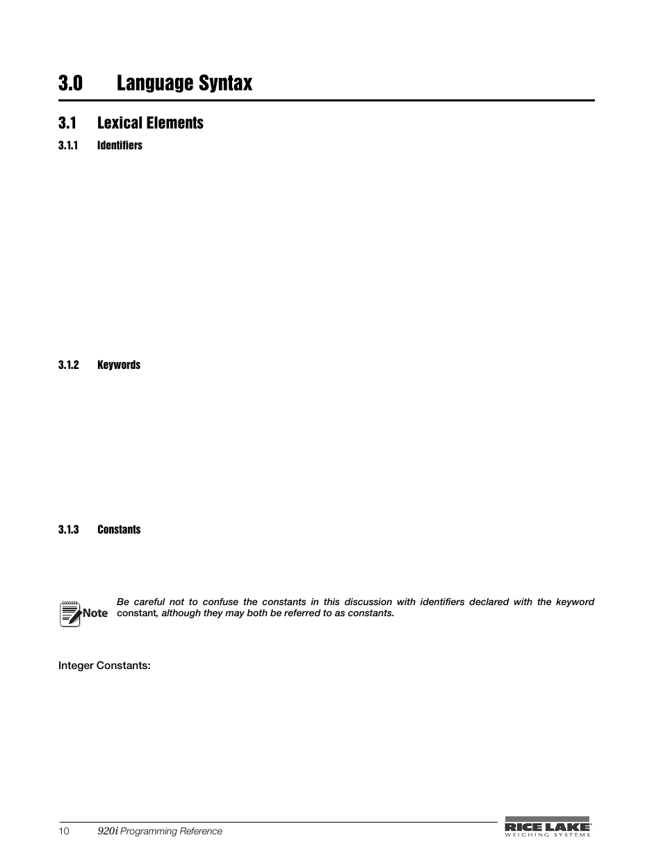 0 language syntax, 1 lexical elements, 1 identifiers | 2 keywords, 3 constants, Language syntax, Identifiers, Keywords, Constants | Rice Lake iRite IDE User Manual | Page 14 / 108