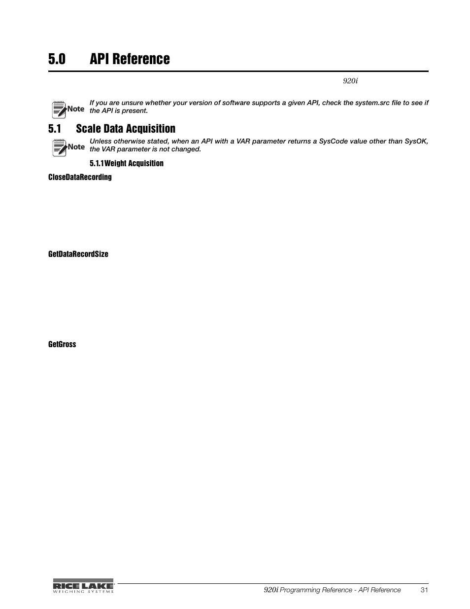 0 api reference, 1 scale data acquisition, 1 weight acquisition | Api reference, Weight acquisition | Rice Lake iRite IDE User Manual | Page 35 / 108
