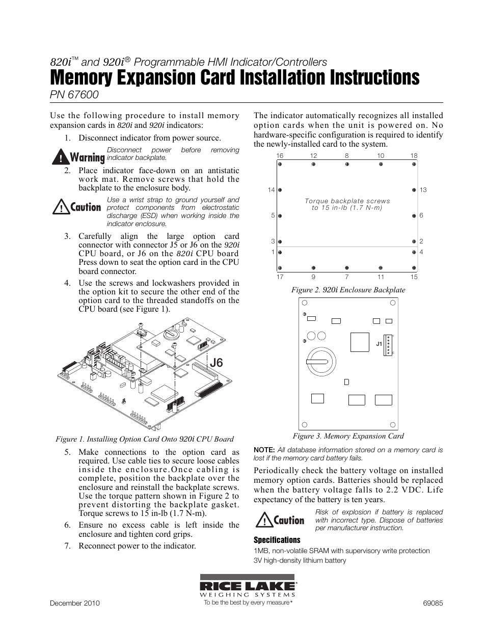 Rice Lake 920i Memory Expansion Card User Manual | 1 page