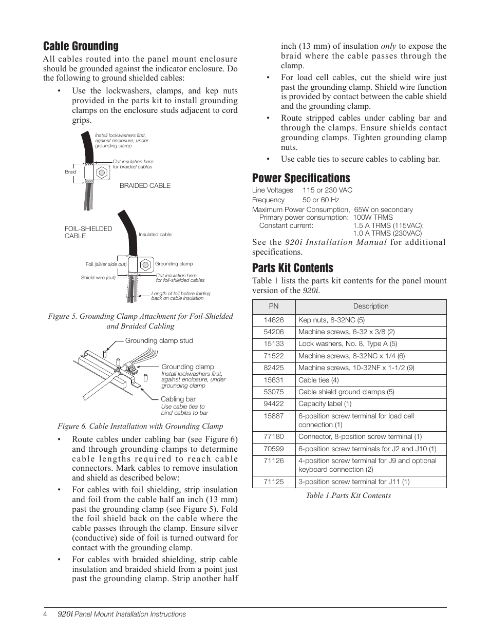 Cable grounding, Power specifications, Parts kit contents | Rice Lake 920i Panel Mount User Manual | Page 4 / 4