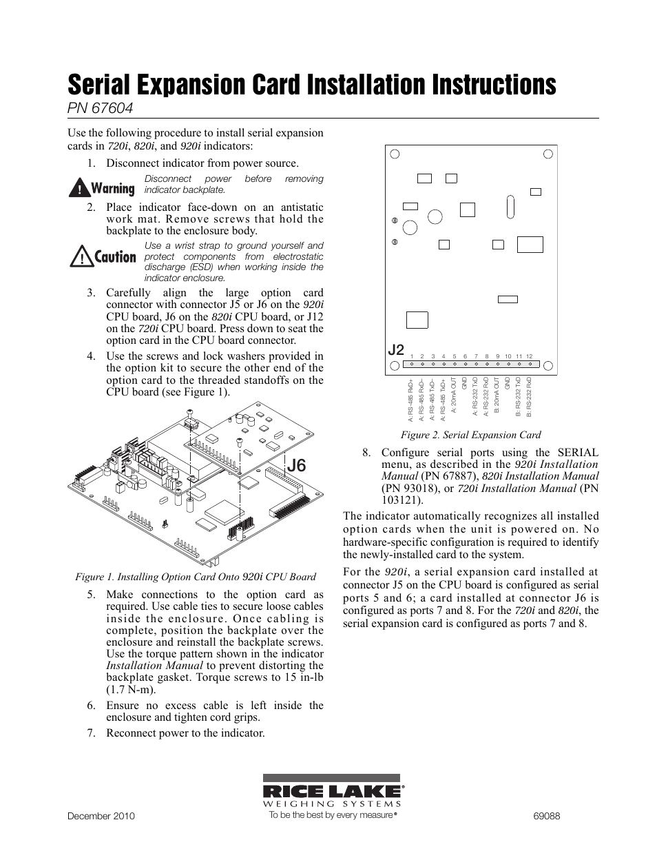 Rice Lake 920i Serial Expansion Card User Manual | 2 pages