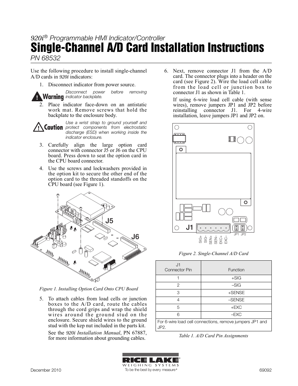 Rice Lake 920i Single Channel A/D Card User Manual | 2 pages