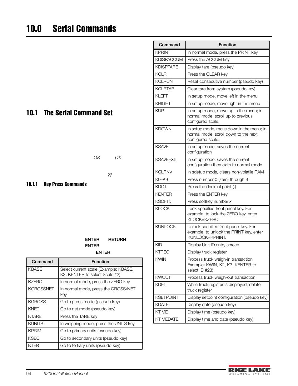 0 serial commands, 1 the serial command set, 1 key press commands | 0 serial, Commands, Key press commands, Section 10.0 or th | Rice Lake 920i USB Installation Manual V5.05 User Manual | Page 100 / 142