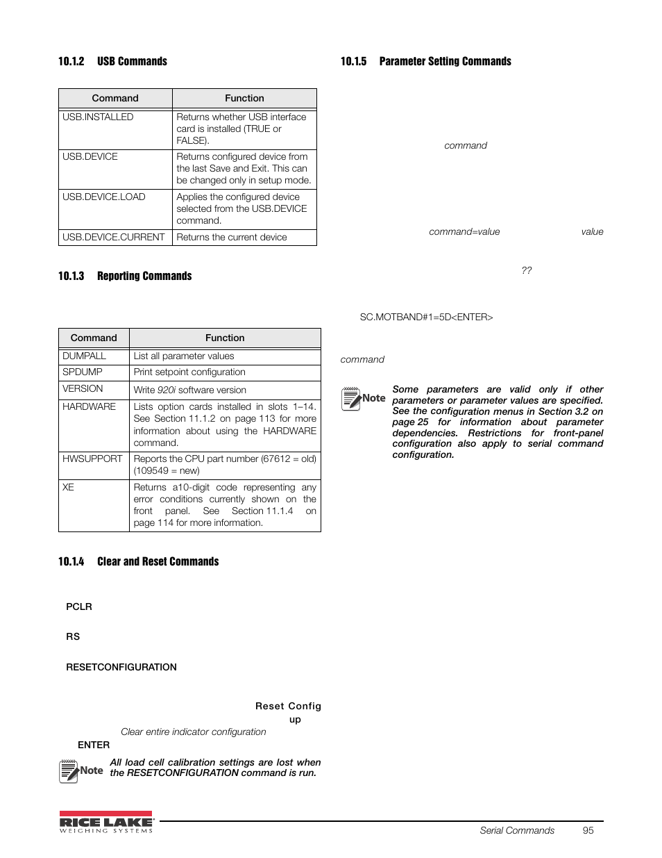 2 usb commands, 3 reporting commands, 4 clear and reset commands | 5 parameter setting commands, Usb commands, Reporting commands, Clear and reset commands, Parameter setting commands | Rice Lake 920i USB Installation Manual V5.05 User Manual | Page 101 / 142