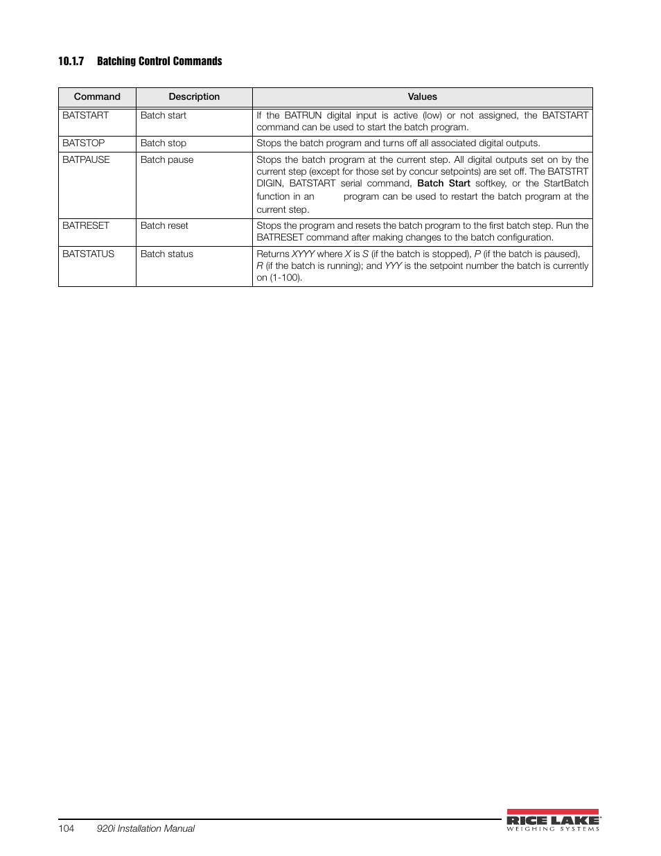 7 batching control commands, Batching control commands | Rice Lake 920i USB Installation Manual V5.05 User Manual | Page 110 / 142