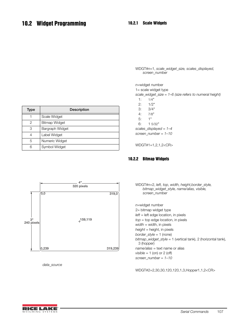 2 widget programming, 1 scale widgets, 2 bitmap widgets | Scale widgets, Bitmap widgets | Rice Lake 920i USB Installation Manual V5.05 User Manual | Page 113 / 142