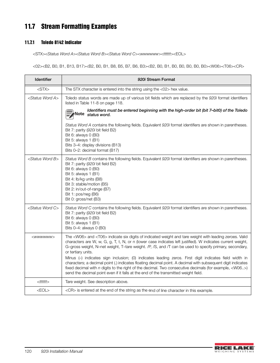 7 stream formatting examples, 1 toledo 8142 indicator, Toledo 8142 indicator | Rice Lake 920i USB Installation Manual V5.05 User Manual | Page 126 / 142