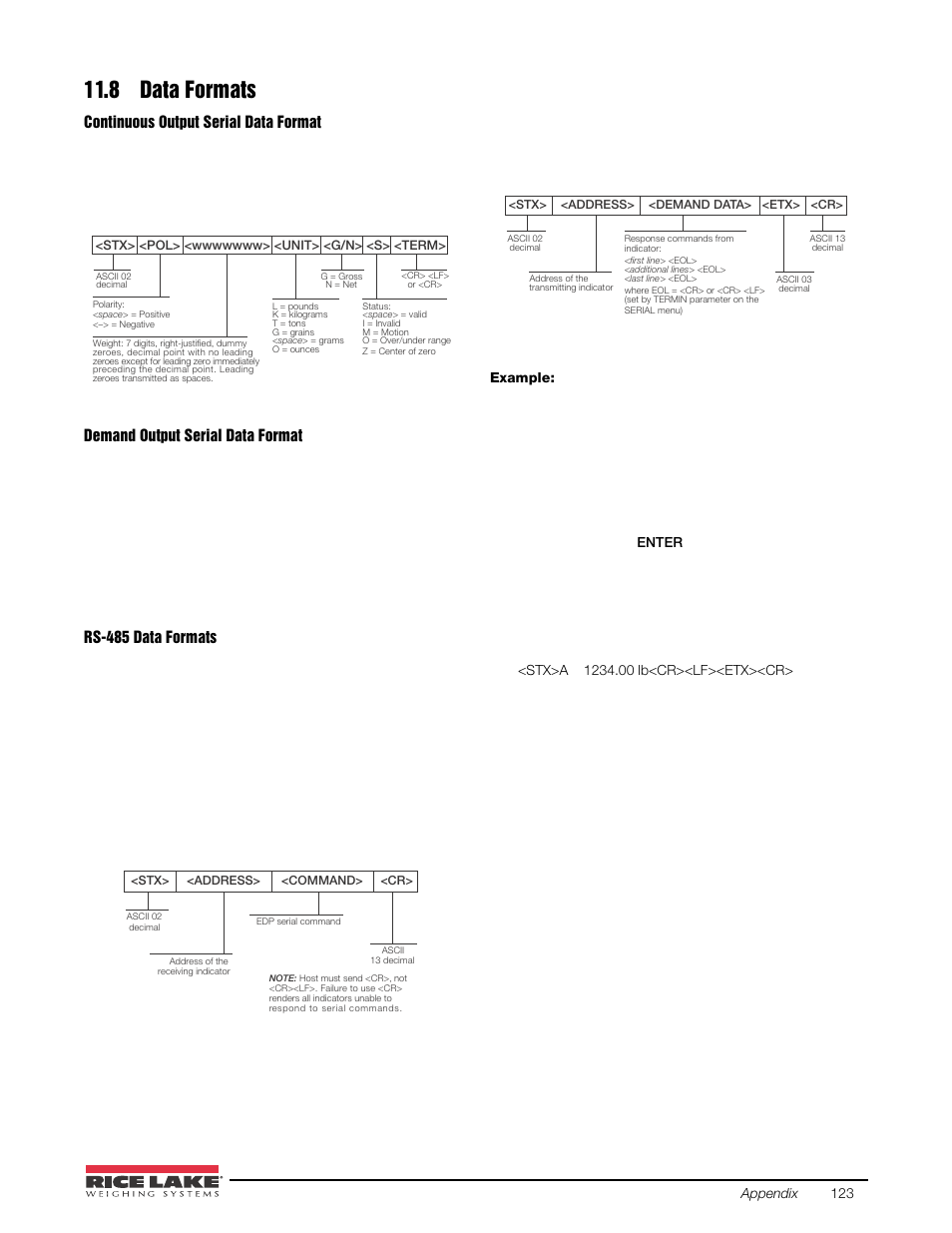 8 data formats, Character is | Rice Lake 920i USB Installation Manual V5.05 User Manual | Page 129 / 142