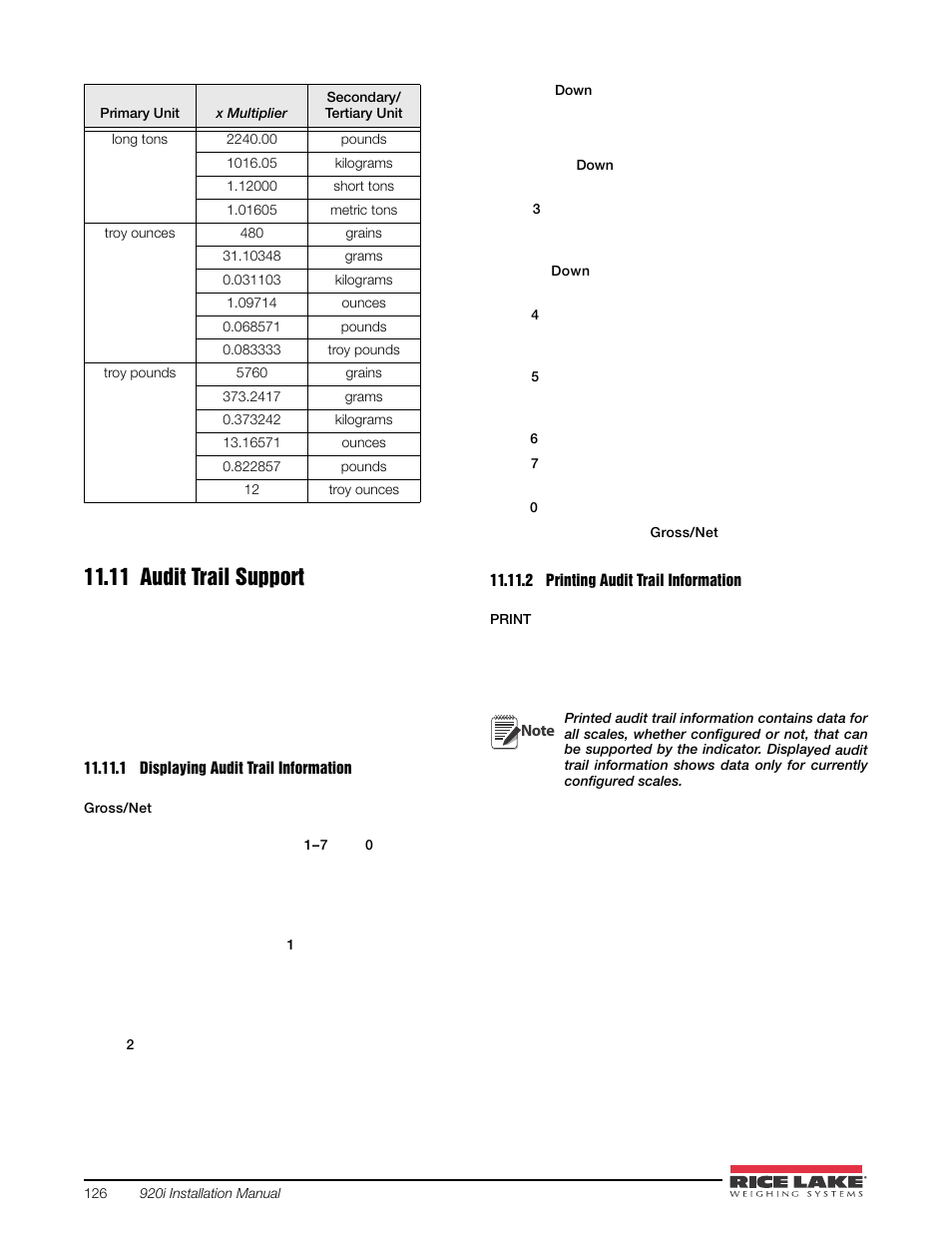 11 audit trail support, 1 displaying audit trail information, 2 printing audit trail information | Rice Lake 920i USB Installation Manual V5.05 User Manual | Page 132 / 142