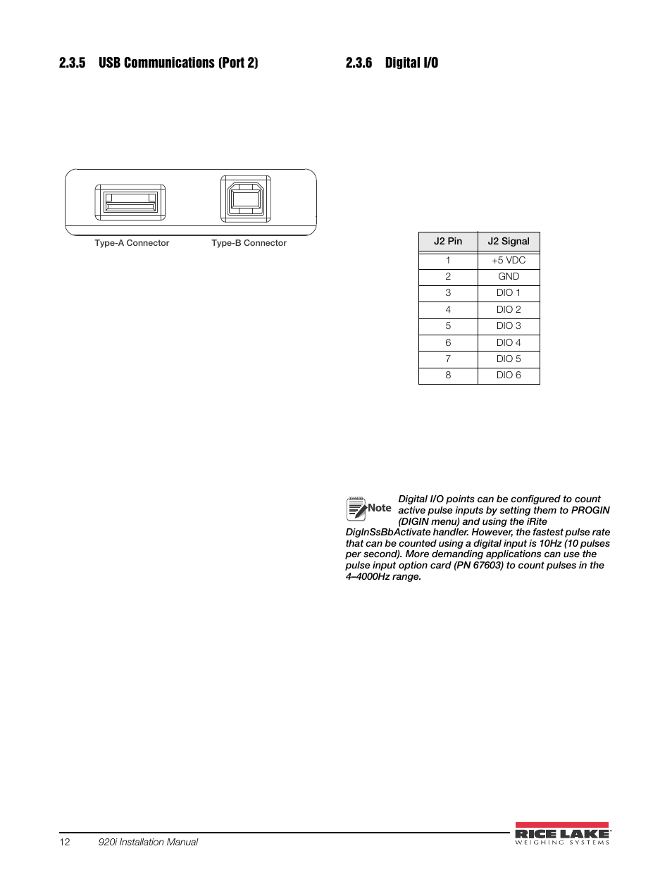 5 usb communications (port 2), 6 digital i/o, Usb communications (port 2) | Digital i/o | Rice Lake 920i USB Installation Manual V5.05 User Manual | Page 18 / 142