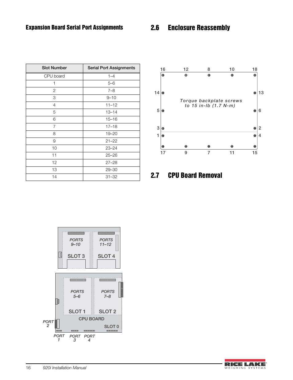 6 enclosure reassembly, 7 cpu board removal, 6 enclosure reassembly 2.7 cpu board removal | See section 2.6 | Rice Lake 920i USB Installation Manual V5.05 User Manual | Page 22 / 142