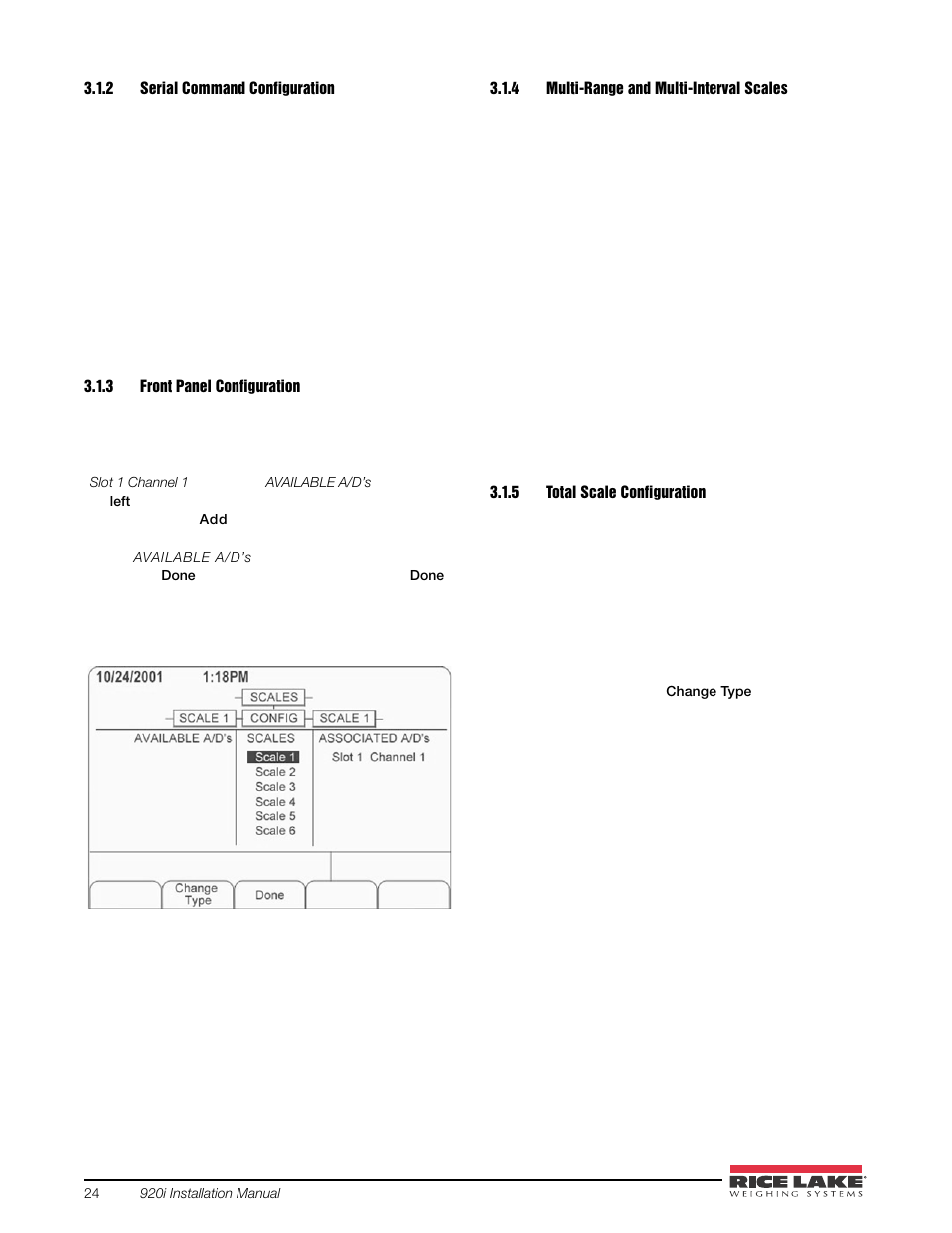 2 serial command configuration, 3 front panel configuration, 4 multi-range and multi-interval scales | 5 total scale configuration, Serial command configuration, Front panel configuration, Multi-range and multi-interval scales, Total scale configuration, Section 3.1.3 | Rice Lake 920i USB Installation Manual V5.05 User Manual | Page 30 / 142