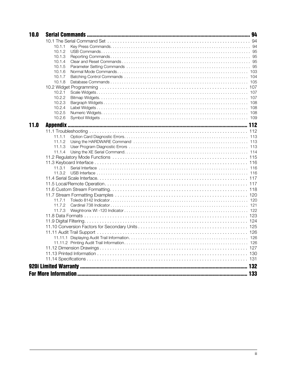 0 serial commands, 0 appendix, 920i limited warranty for more information | Rice Lake 920i USB Installation Manual V5.05 User Manual | Page 5 / 142