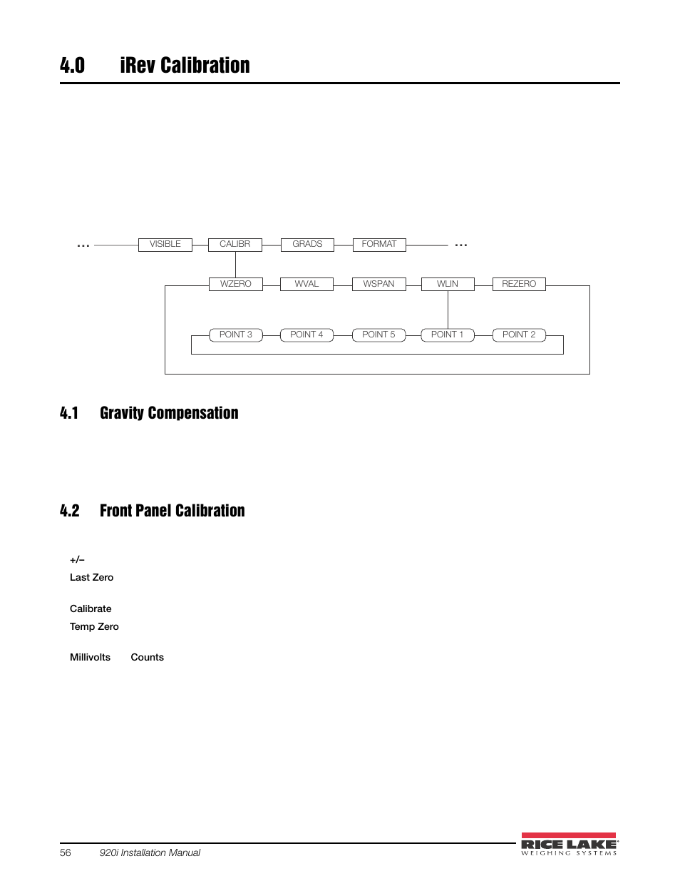 0 irev calibration, 1 gravity compensation, 2 front panel calibration | 0 irev, Calibration, 1 gravity compensation 4.2 front panel calibration | Rice Lake 920i USB Installation Manual V5.05 User Manual | Page 62 / 142