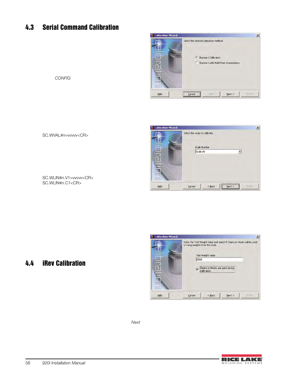 3 serial command calibration, 4 irev calibration, 3 serial command calibration 4.4 irev calibration | Rice Lake 920i USB Installation Manual V5.05 User Manual | Page 64 / 142