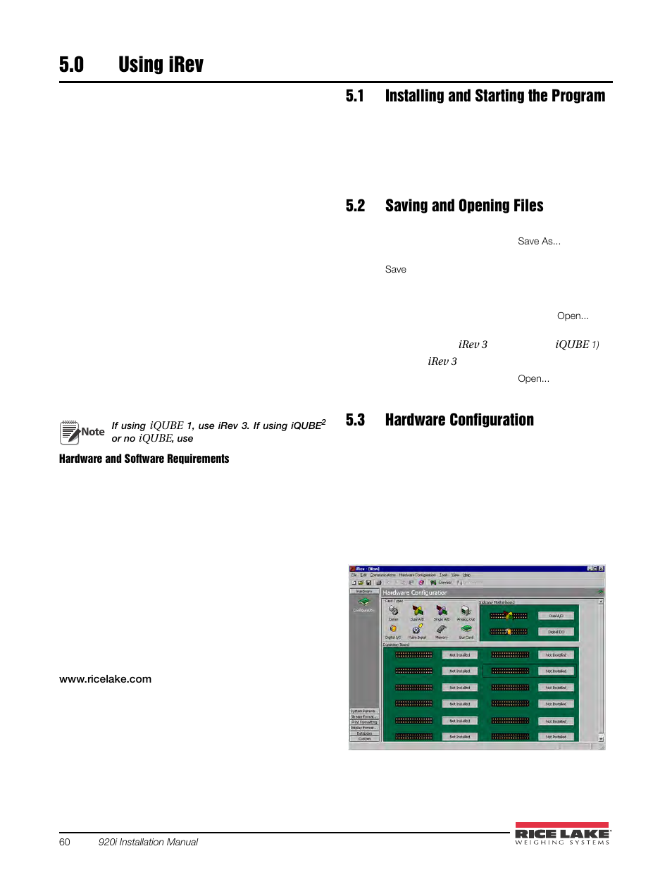 0 using irev, 1 installing and starting the program, 2 saving and opening files | 3 hardware configuration, Using irev | Rice Lake 920i USB Installation Manual V5.05 User Manual | Page 66 / 142