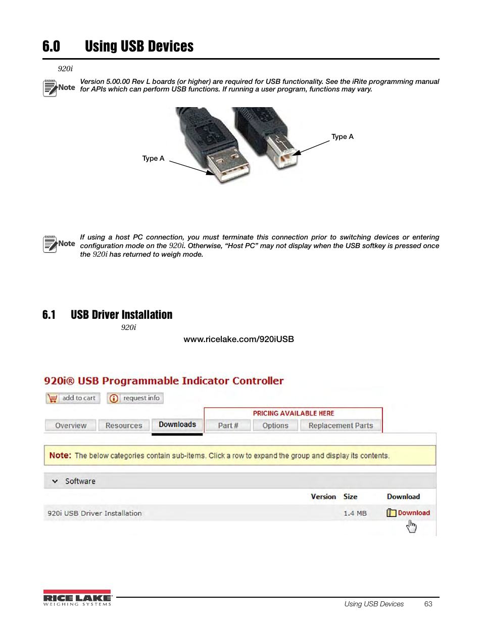 0 using usb devices, 1 usb driver installation, Using usb devices | Rice Lake 920i USB Installation Manual V5.05 User Manual | Page 69 / 142