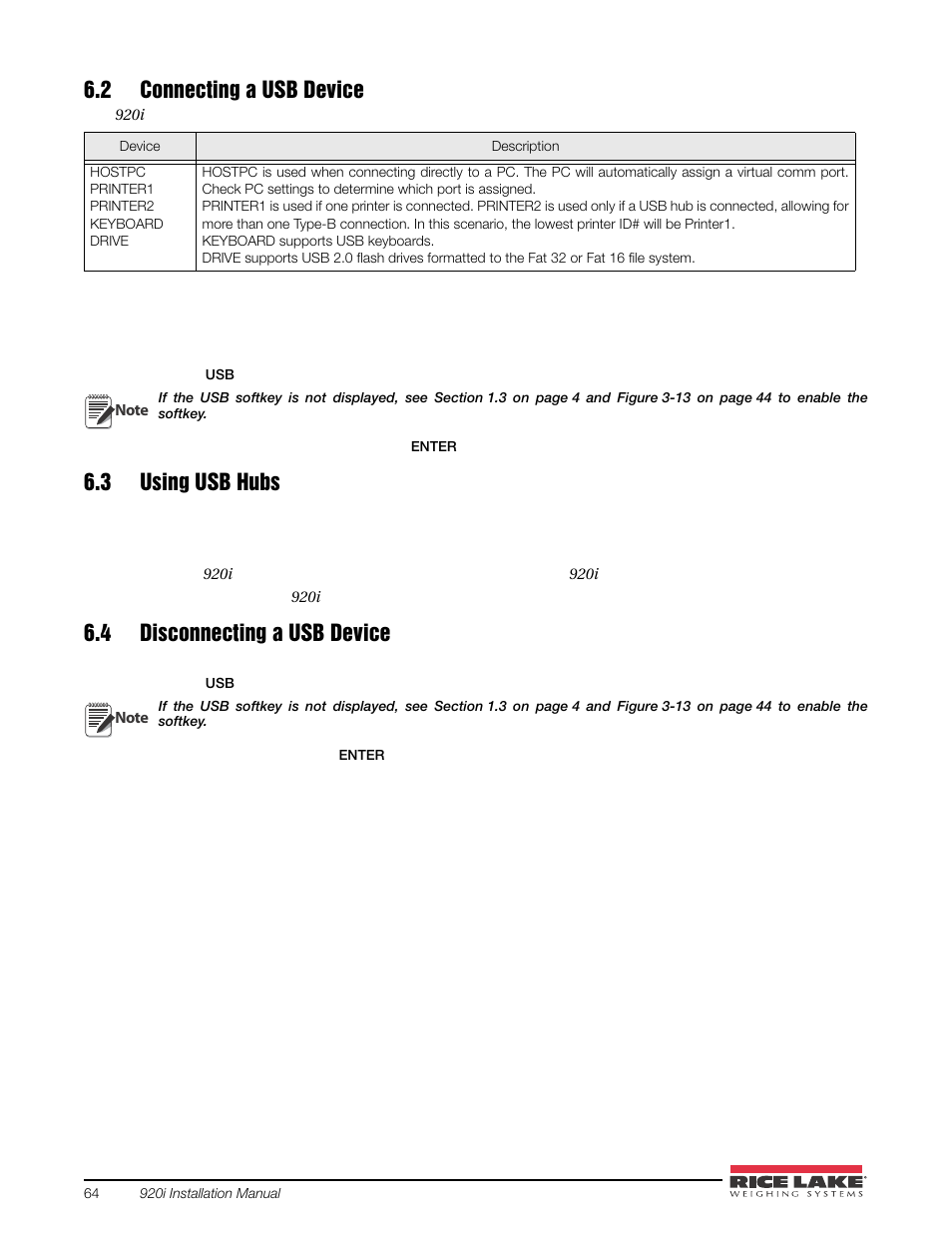 2 connecting a usb device, 3 using usb hubs, 4 disconnecting a usb device | Rice Lake 920i USB Installation Manual V5.05 User Manual | Page 70 / 142