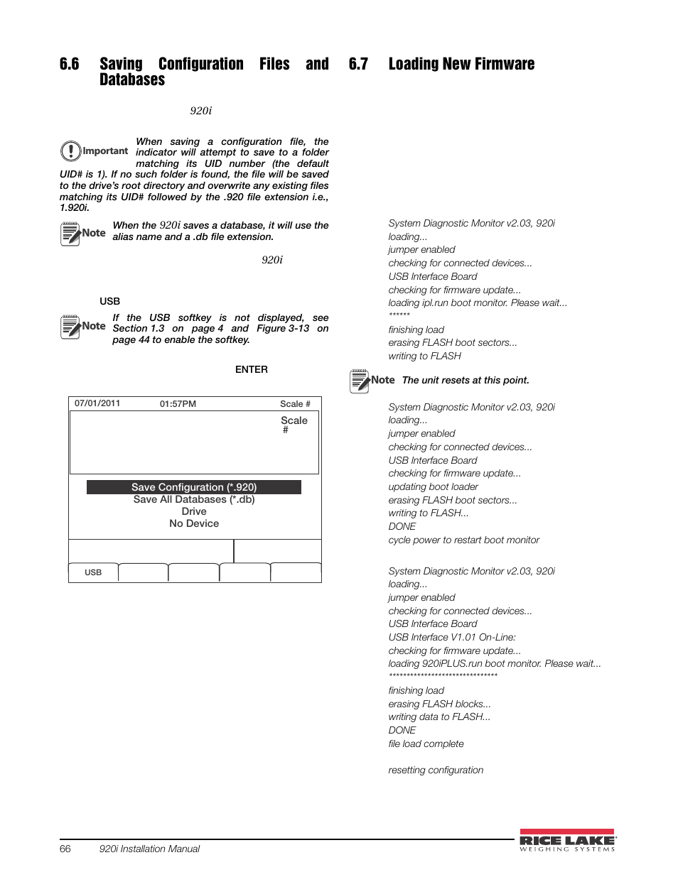 6 saving configuration files and databases, 7 loading new firmware | Rice Lake 920i USB Installation Manual V5.05 User Manual | Page 72 / 142