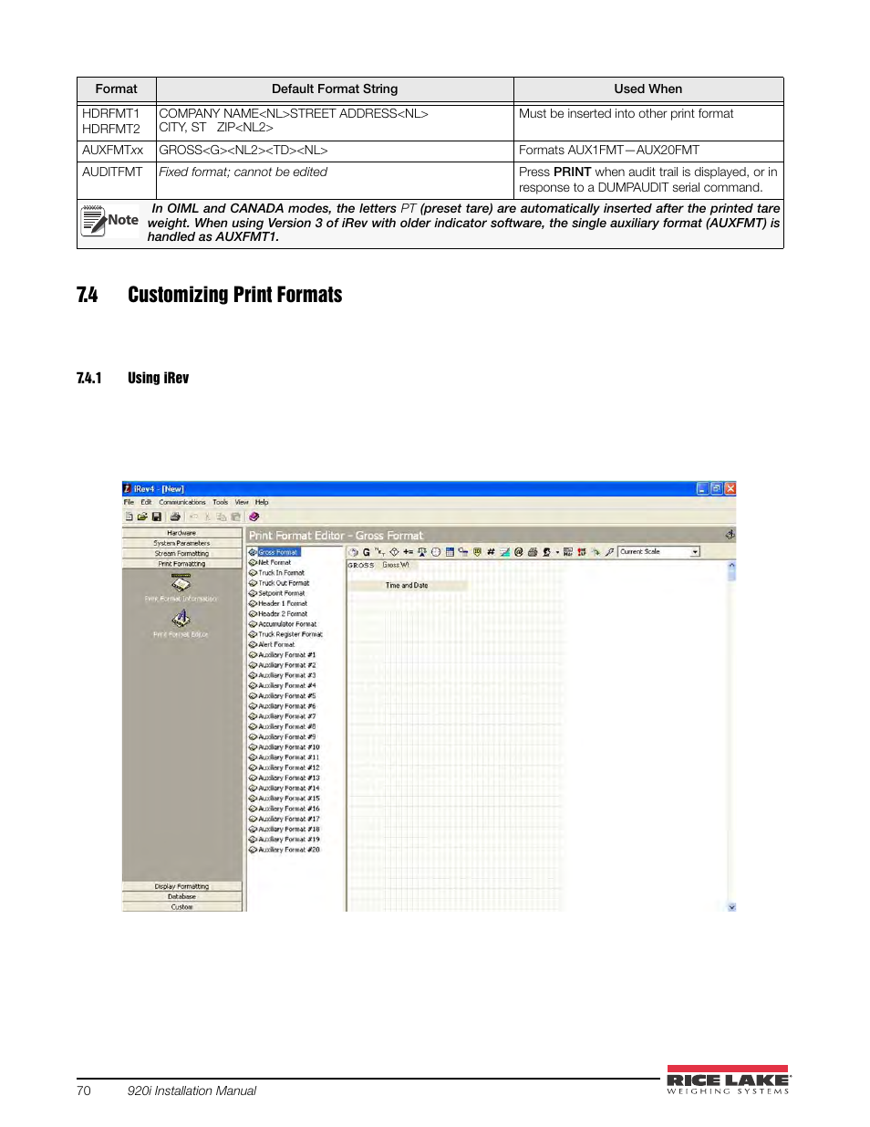 4 customizing print formats, 1 using irev, Using irev | Rice Lake 920i USB Installation Manual V5.05 User Manual | Page 76 / 142