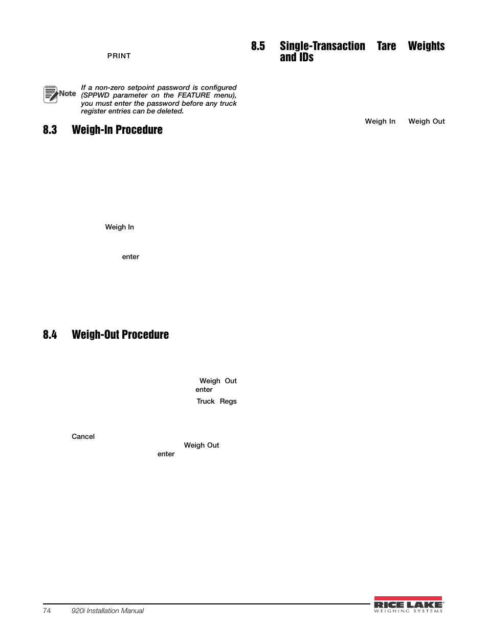 3 weigh-in procedure, 4 weigh-out procedure, 5 single-transaction tare weights and ids | Rice Lake 920i USB Installation Manual V5.05 User Manual | Page 80 / 142