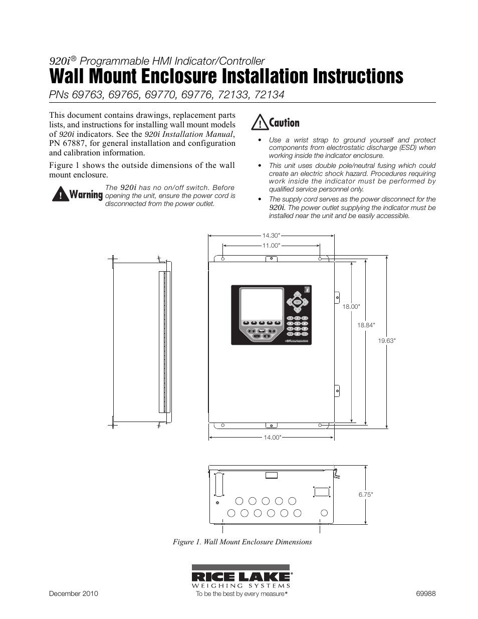 Rice Lake 920i Wall Mount Enclosure User Manual | 6 pages