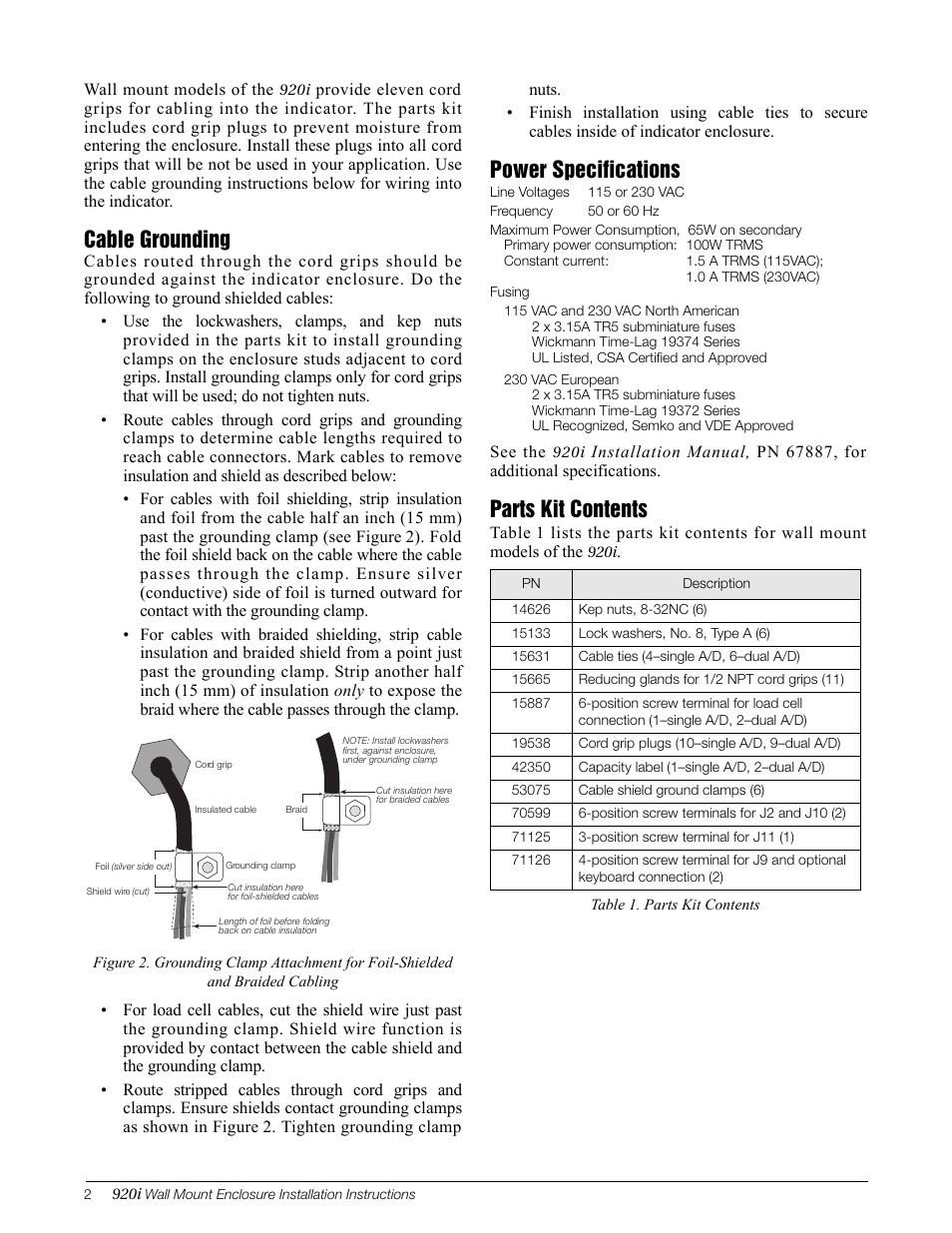 Cable grounding, Power specifications, Parts kit contents | Rice Lake 920i Wall Mount Enclosure User Manual | Page 2 / 6
