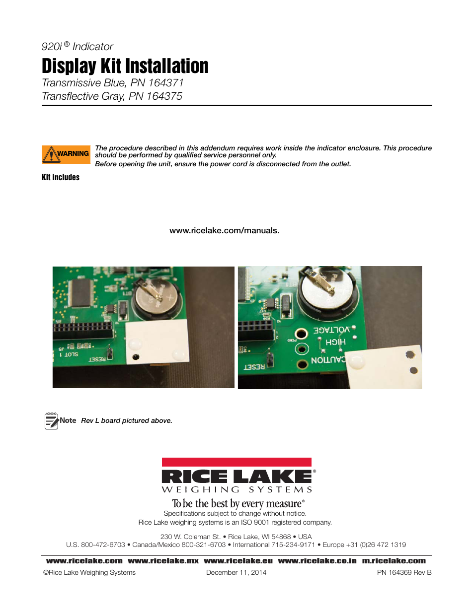 Rice Lake 920i Display Kit Installation Addendum User Manual | 2 pages