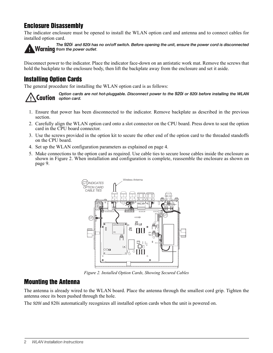 Aution, 7arning, Enclosure disassembly | Installing option cards, Mounting the antenna | Rice Lake 920i Programmable HMI Indicator/Controller - WLAN User Manual | Page 2 / 12