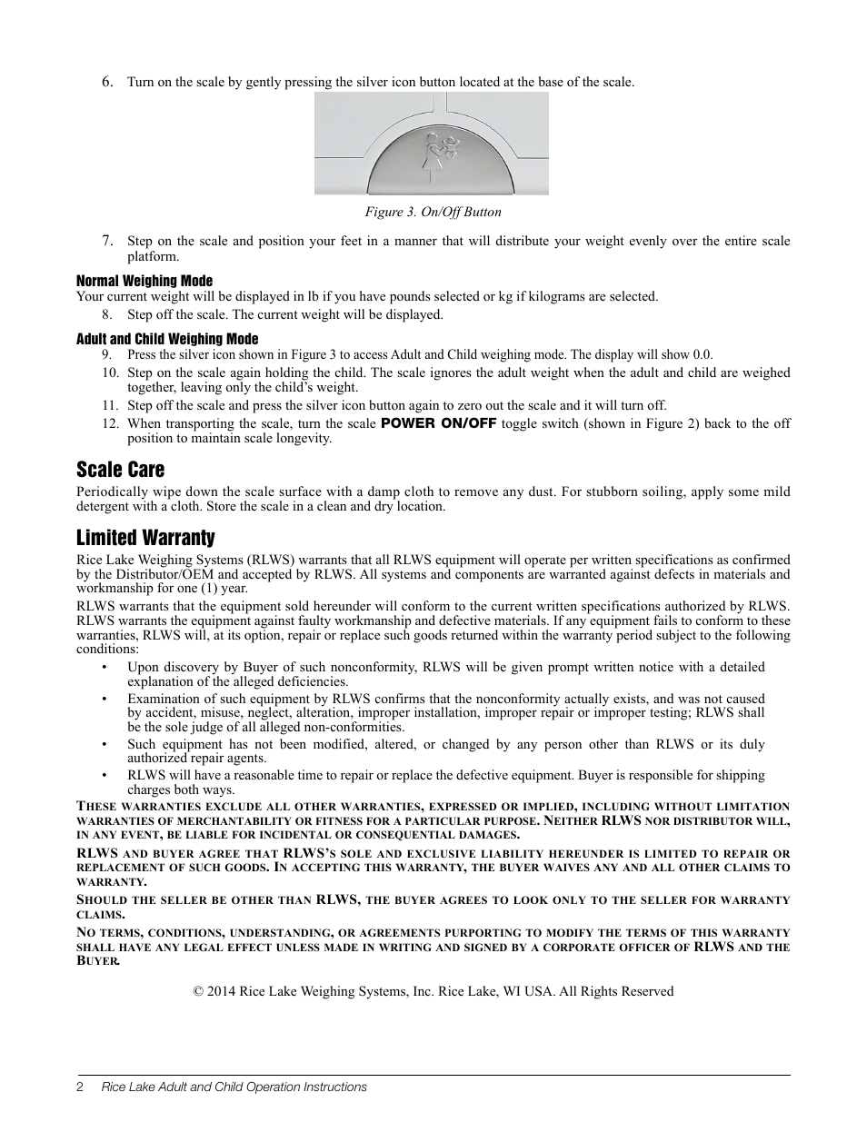 Scale care, Limited warranty | Rice Lake Adult and Child Scale User Manual | Page 2 / 2