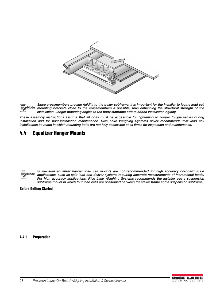 4 equalizer hanger mounts, 1 preparation, Preparation | Rice Lake Combination System - Precision Loads On-Board Weighing Systems User Manual | Page 32 / 80