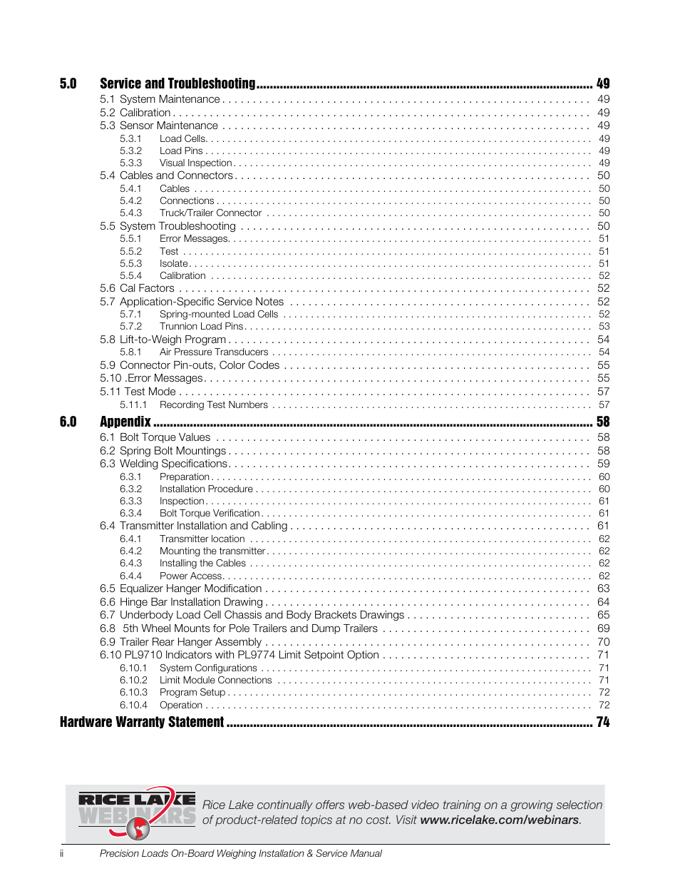 0 service and troubleshooting, 0 appendix, Hardware warranty statement | Rice Lake Combination System - Precision Loads On-Board Weighing Systems User Manual | Page 4 / 80