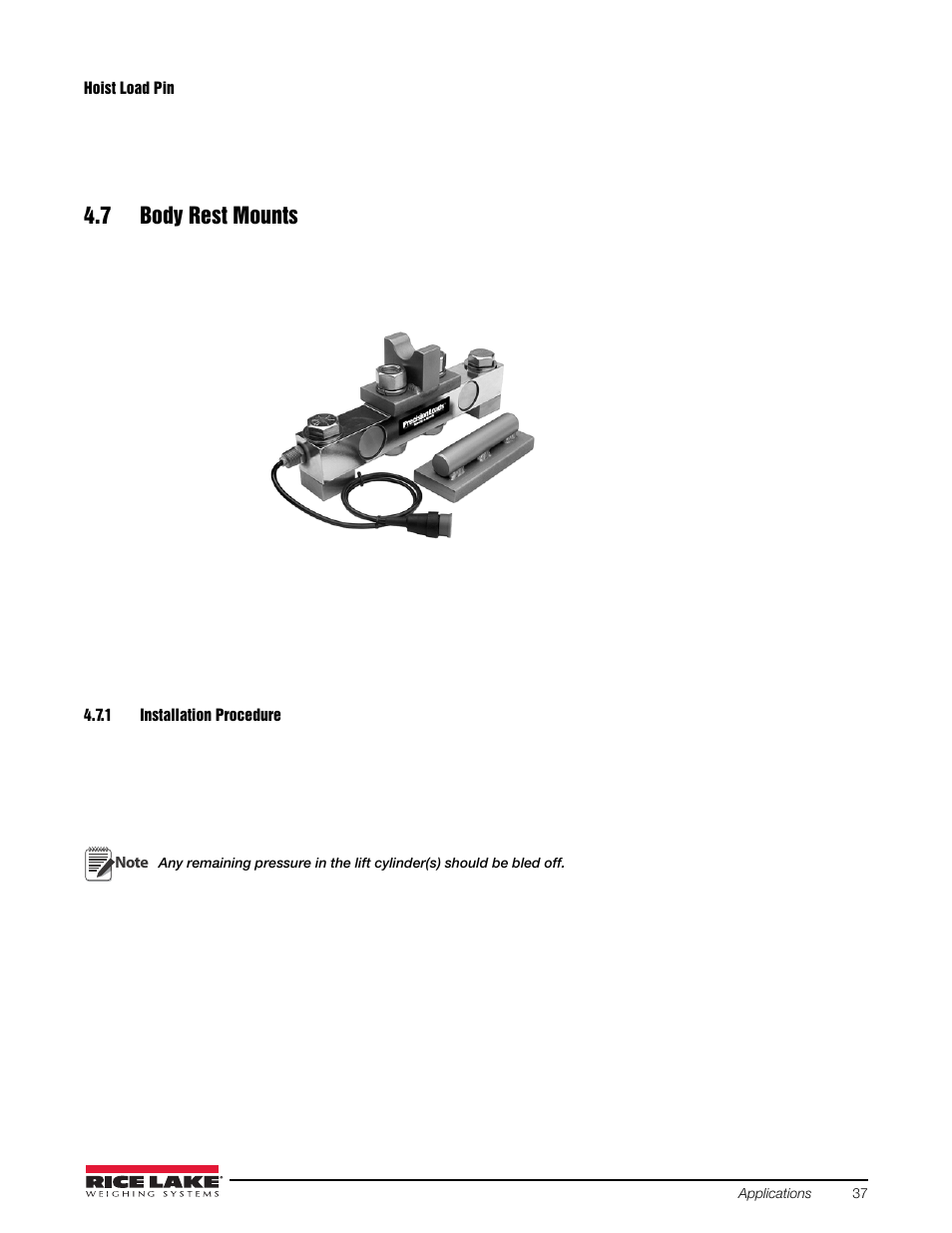 7 body rest mounts, 1 installation procedure, Installation procedure | Rice Lake Combination System - Precision Loads On-Board Weighing Systems User Manual | Page 41 / 80