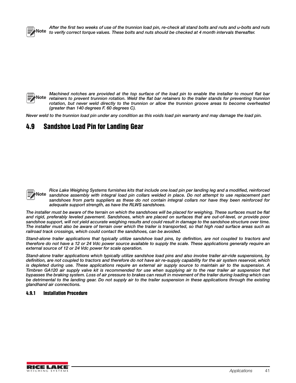 9 sandshoe load pin for landing gear, 1 installation procedure, Installation procedure | Rice Lake Combination System - Precision Loads On-Board Weighing Systems User Manual | Page 45 / 80
