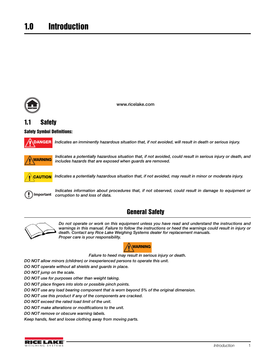 0 introduction, 1 safety, Introduction | General safety | Rice Lake Combination System - Precision Loads On-Board Weighing Systems User Manual | Page 5 / 80