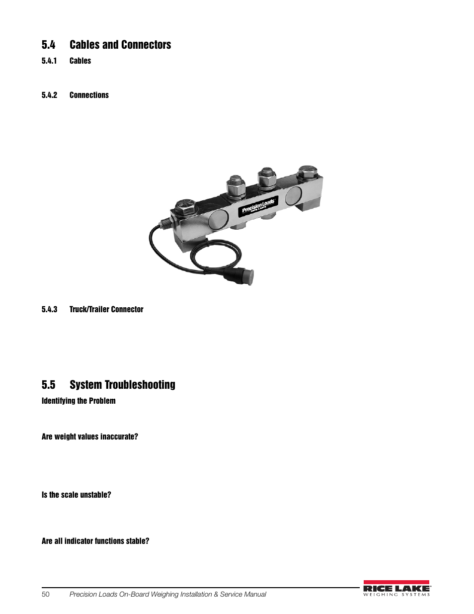 4 cables and connectors, 1 cables, 2 connections | 3 truck/trailer connector, 5 system troubleshooting, Cables, Connections, Truck/trailer connector | Rice Lake Combination System - Precision Loads On-Board Weighing Systems User Manual | Page 54 / 80