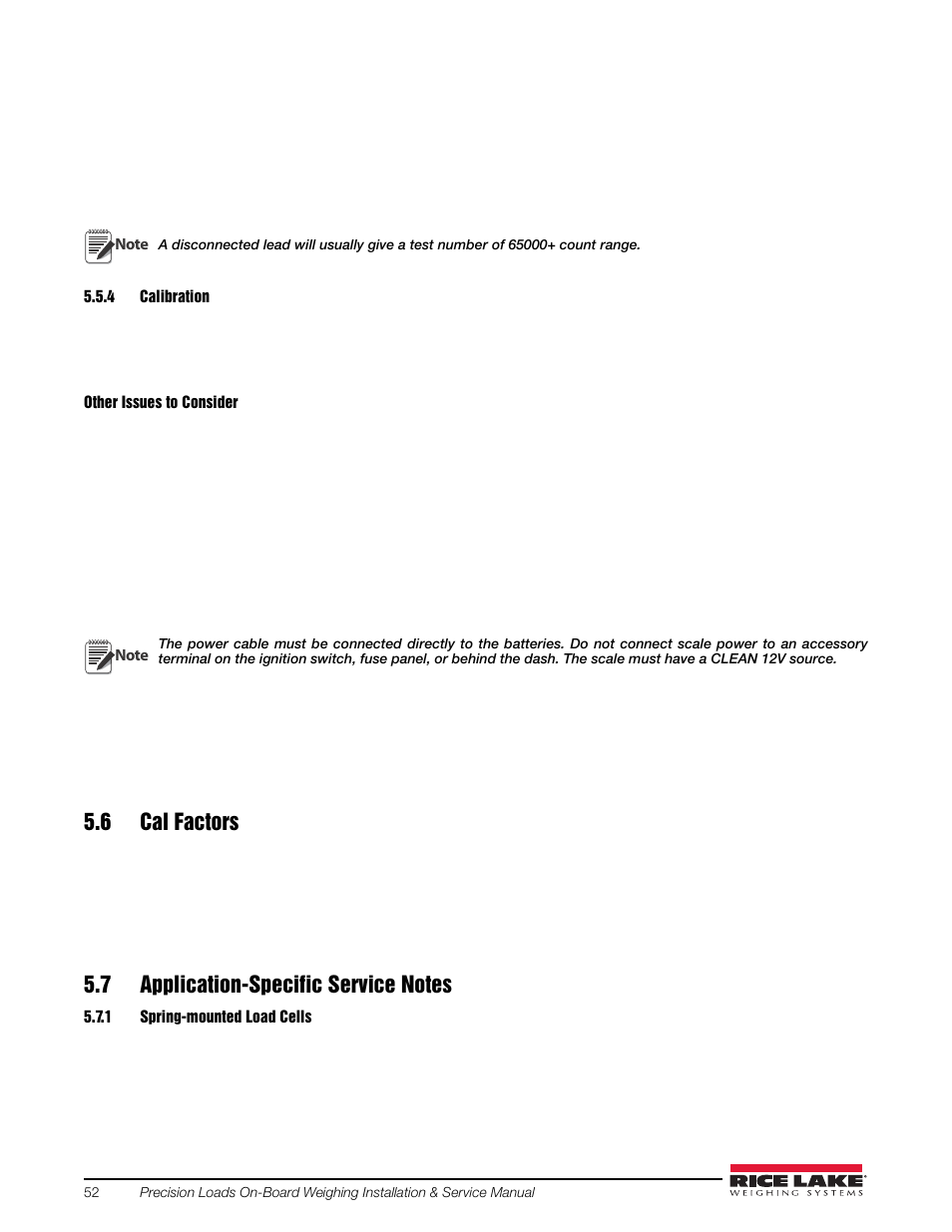 4 calibration, 6 cal factors, 7 application-specific service notes | 1 spring-mounted load cells, Calibration, Spring-mounted load cells | Rice Lake Combination System - Precision Loads On-Board Weighing Systems User Manual | Page 56 / 80