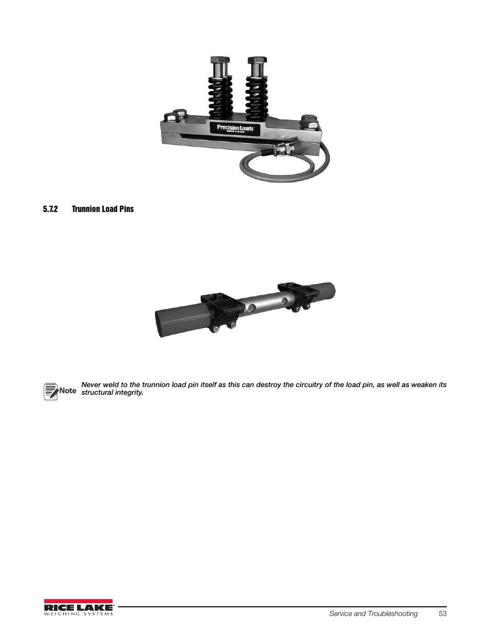 2 trunnion load pins, Trunnion load pins | Rice Lake Combination System - Precision Loads On-Board Weighing Systems User Manual | Page 57 / 80