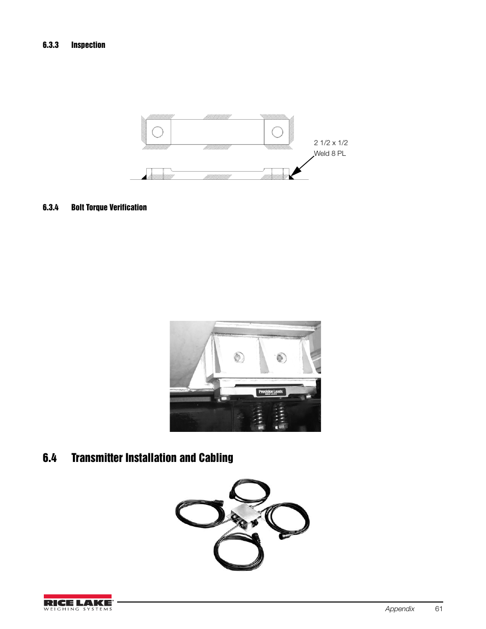 3 inspection, 4 bolt torque verification, 4 transmitter installation and cabling | Inspection, Bolt torque verification | Rice Lake Combination System - Precision Loads On-Board Weighing Systems User Manual | Page 65 / 80